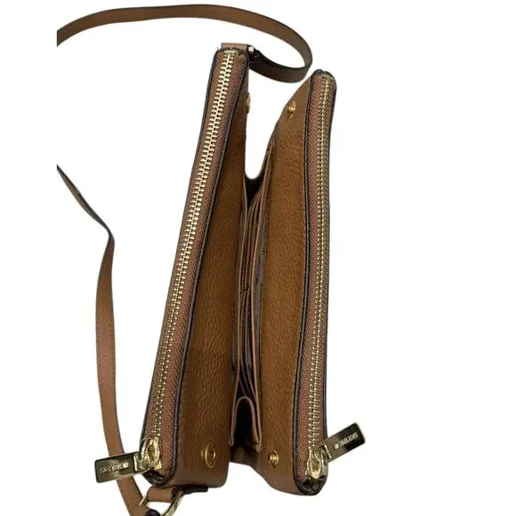 Michael Kors Fulton Double Zip Crossbody Pebble Leather Brown W/ Gold Hardware - Picture 7 of 12